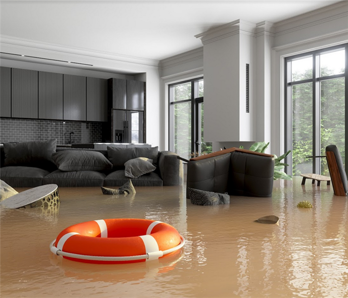 a flooded living room with the furniture floating around the dirty water
